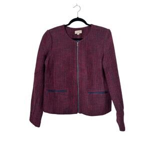 LOFT Blazer Womens Size 10 Burgundy Blue Wool Tweed Collarless‎ Full Zip Jacket